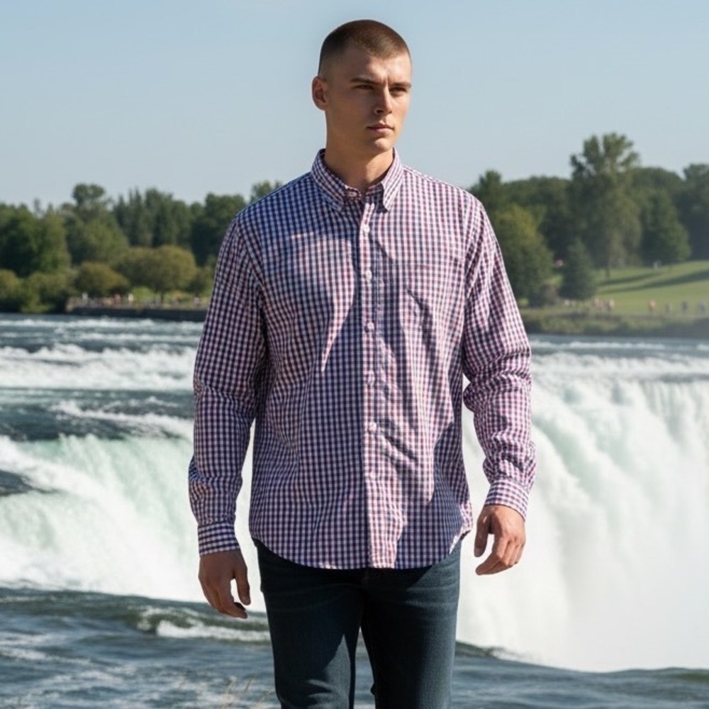 Peter Millar Mens Purple Blue Gingham Check 100% Cotton Button Down Shirt Medium